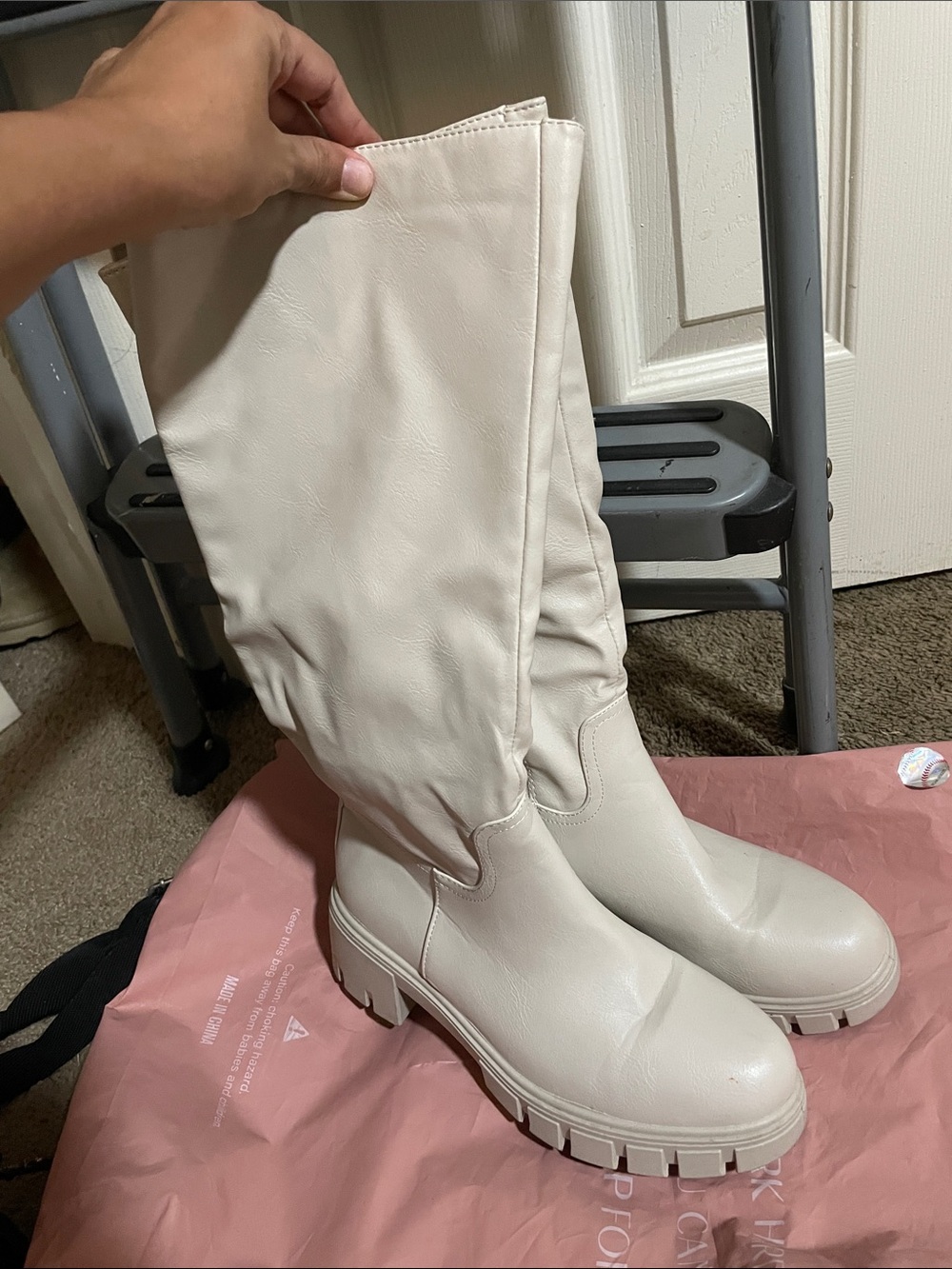 Women’s Cream Knee-High Chunky Sole Boots